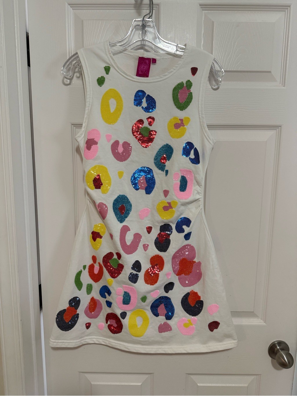 QUEEN OF SPARKLES White Tank Dress with Multi-Color Sequin Spots