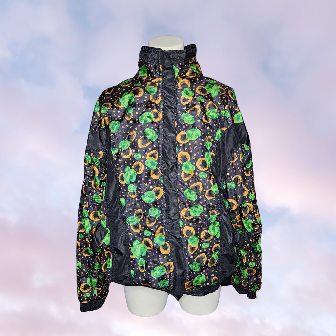 Vtg 80s Miramax Colorful Zip Up Windbreaker Floral Black Green Yellow Stars L