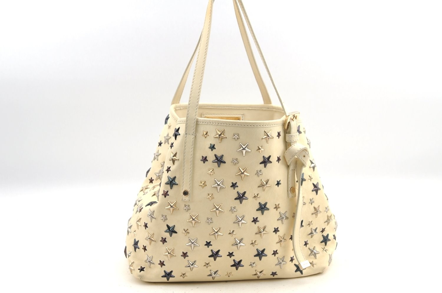 Authentic JIMMY CHOO Sasha S Star Studs Leather Shoulder Tote Bag White AB597