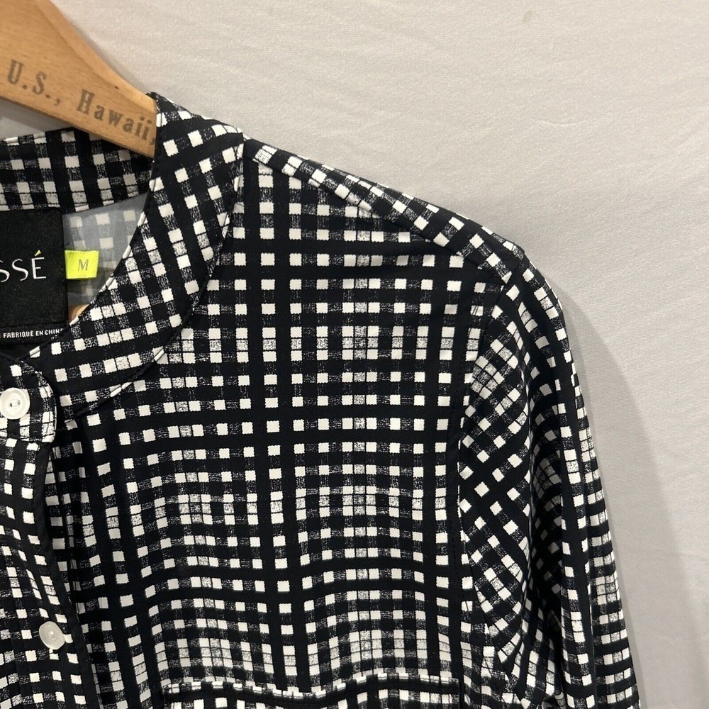 Lysse Womens Black White Grid Check Button Down Tunic Top High Low Hem Medium