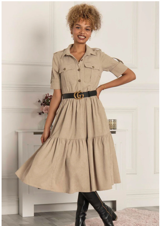 Tiered Shirt Dress Jolie Moi Military Ecru uk14 Short Sleeves Pocket Casual