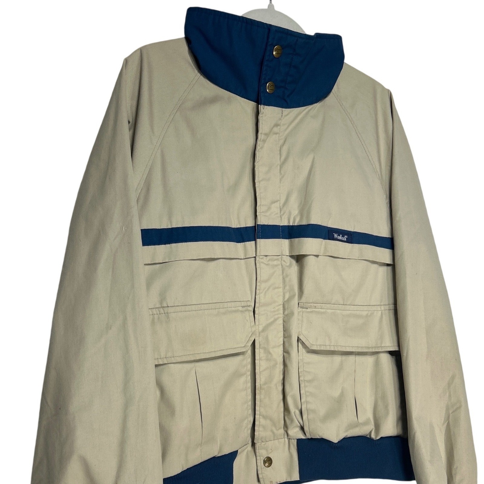 Vintage Woolrich Bomber Jacket Beige Navy Blue 24″ Wide 26″ Long