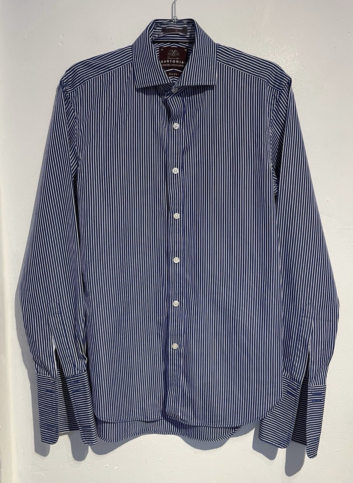 M&S Sartorial Shirt 15” Slim Fit Luxury Cotton Double Cuff Blue Wedding