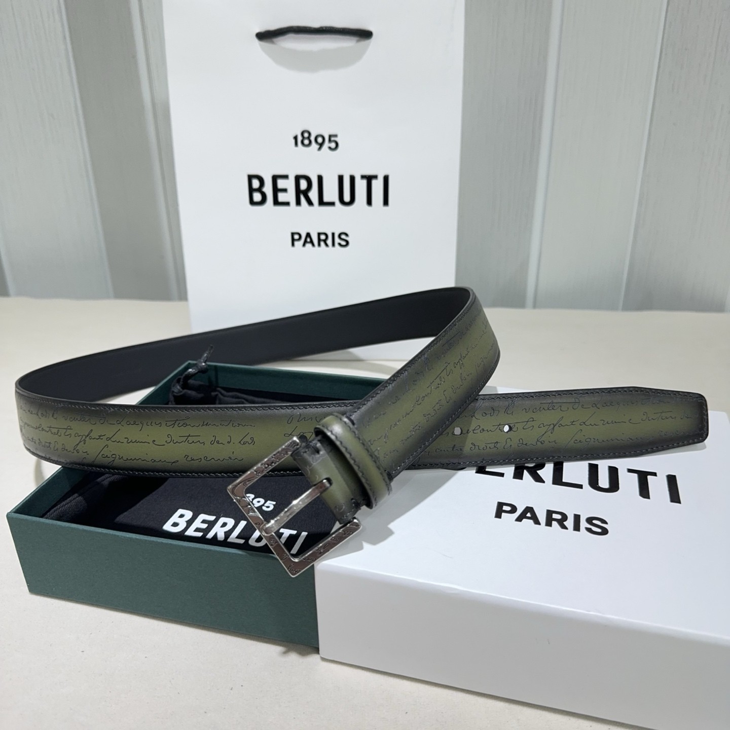 Burruti Classic Scritto Calligraphy Leather Belt Width: 3.4cm Size: 105cm