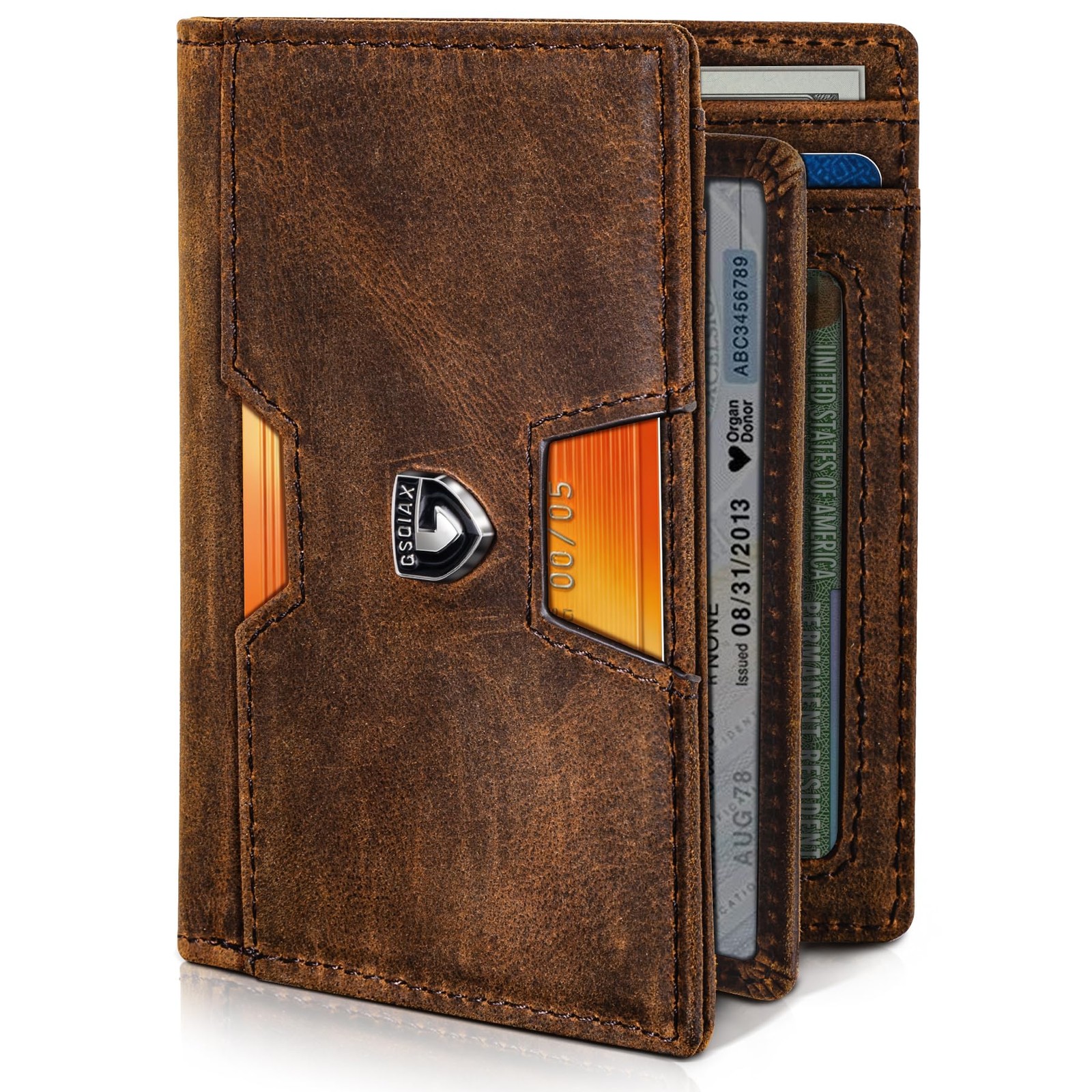 GSOIAX Slim Top Grain Premium Crazy Horse Leather 4.3″ X 3″ X 0.5″, Red-brown