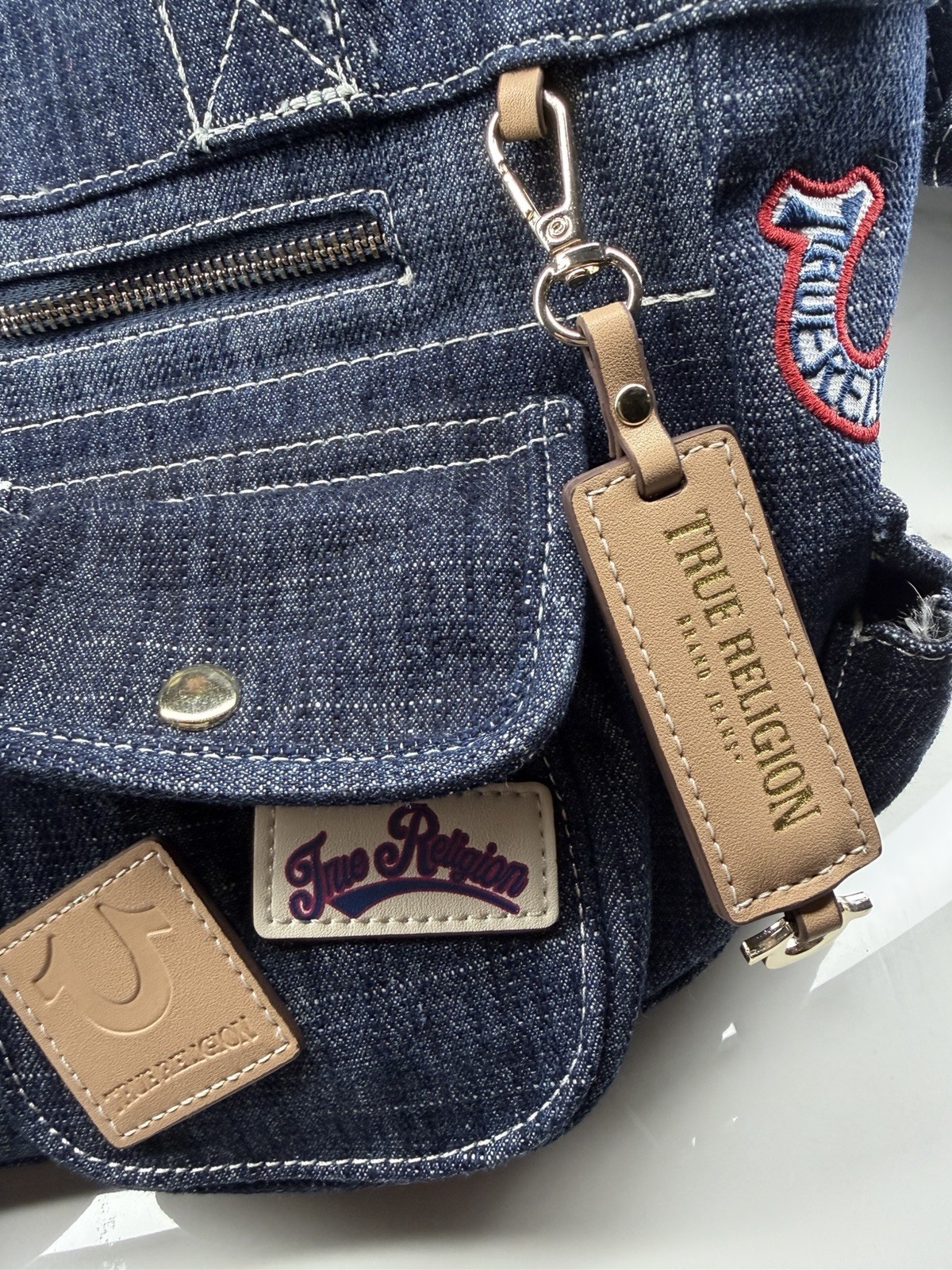 True Religion Blue Logo Tote Bag Zip Closure Detachable Strap Gold Hardware