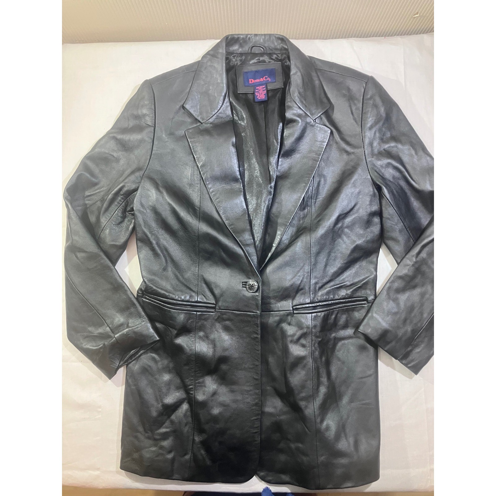 Denim & Co Womens Black 100% Leather Blazer Jacket Medium Single Button Coat