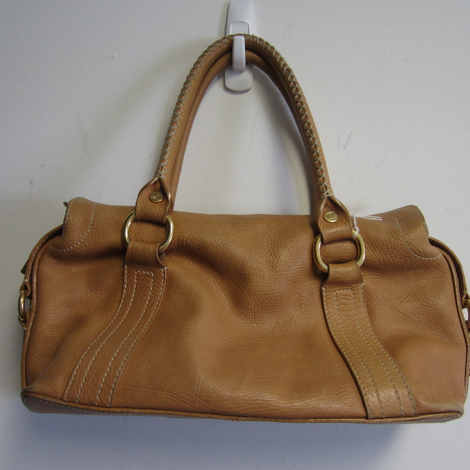 CELINE STUNNING LUGGAGE TAN LEATHER SATCHEL W/ FRONT POCKET