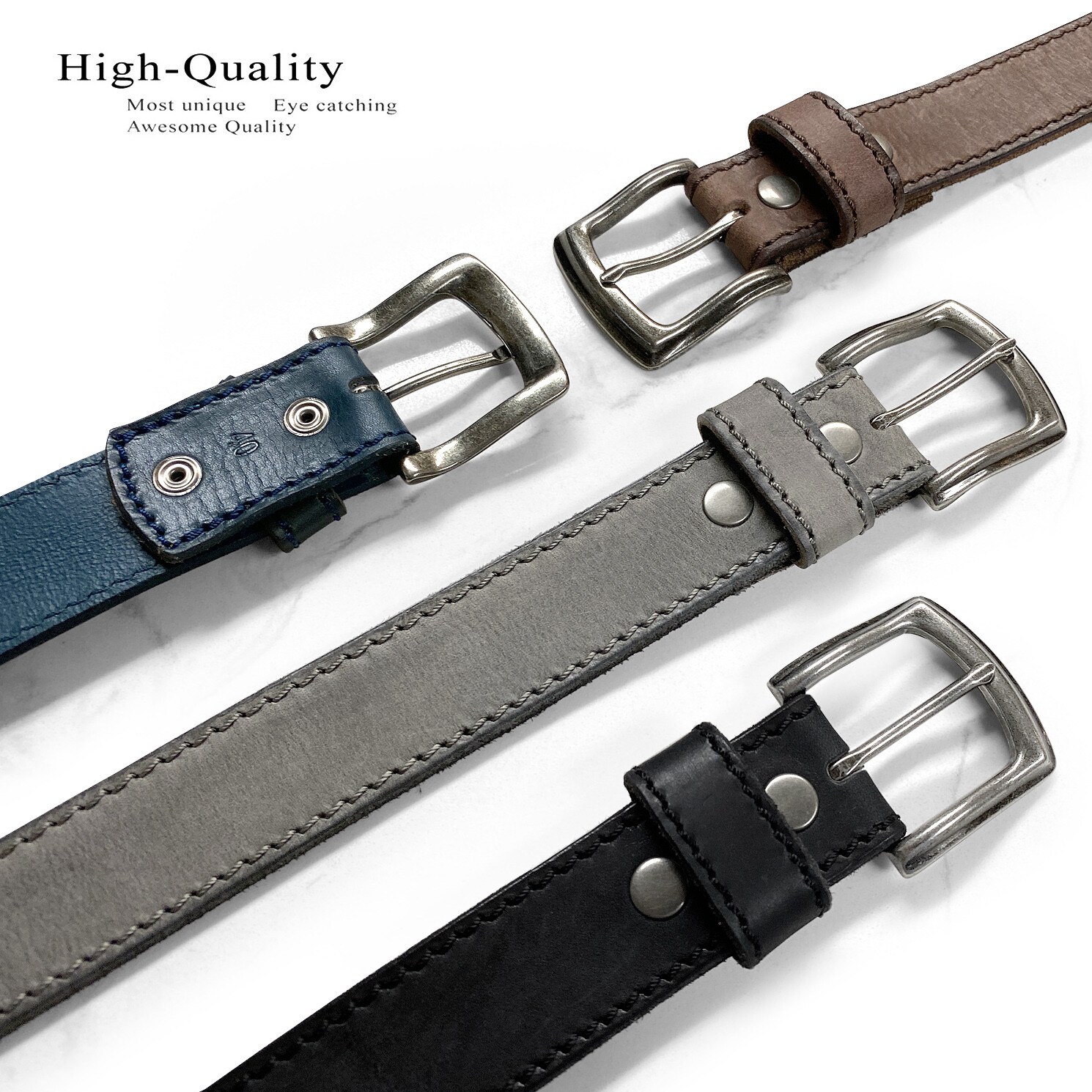 Antique Buckle One Piece Genuine Full Leather Casual Jean Belt 1-1/2″(38mm) Wide