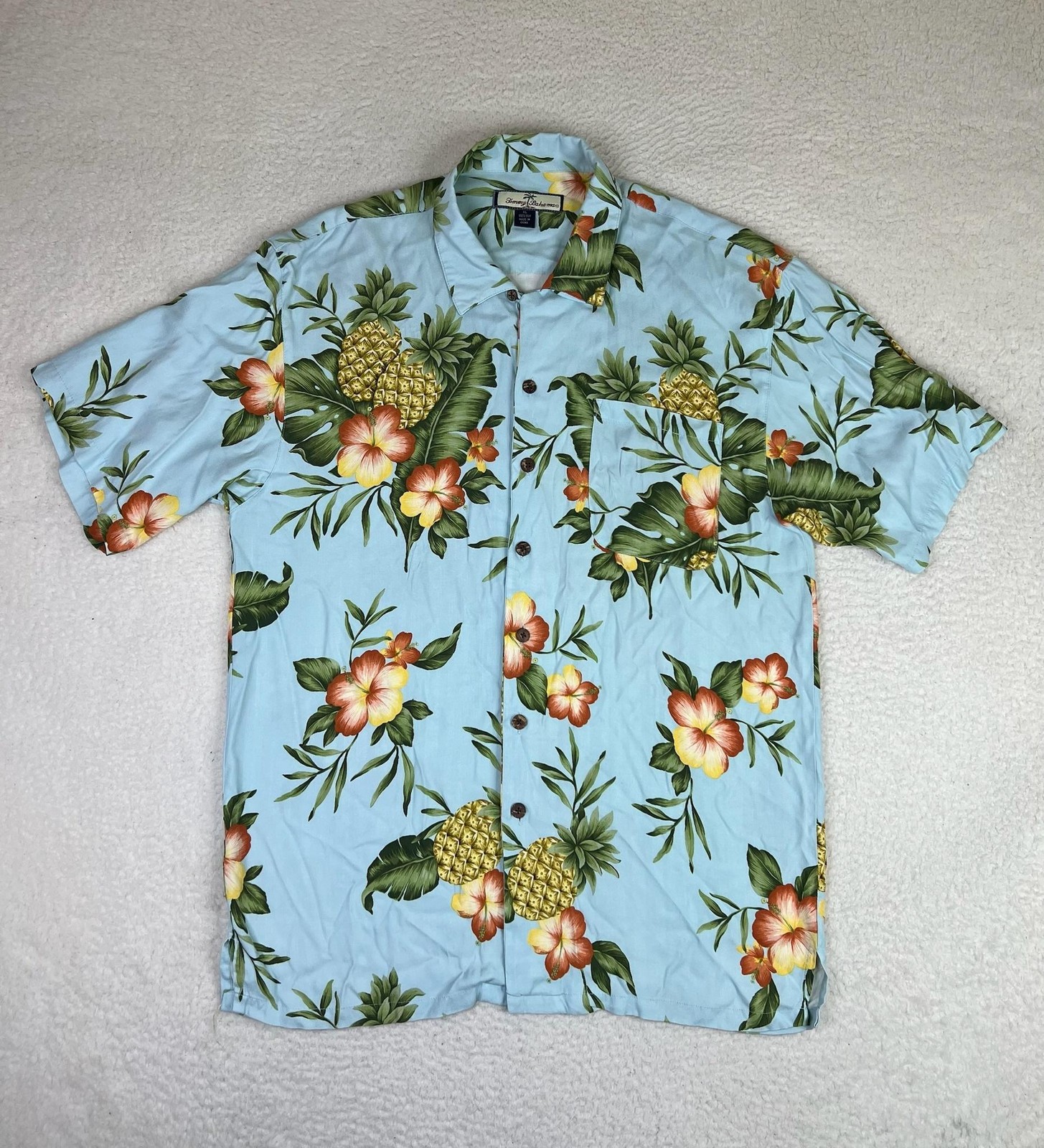 Tommy Bahama Shirt Mens XL Blue Pineapple Silk Short Sleeve Hawaiian Button Up
