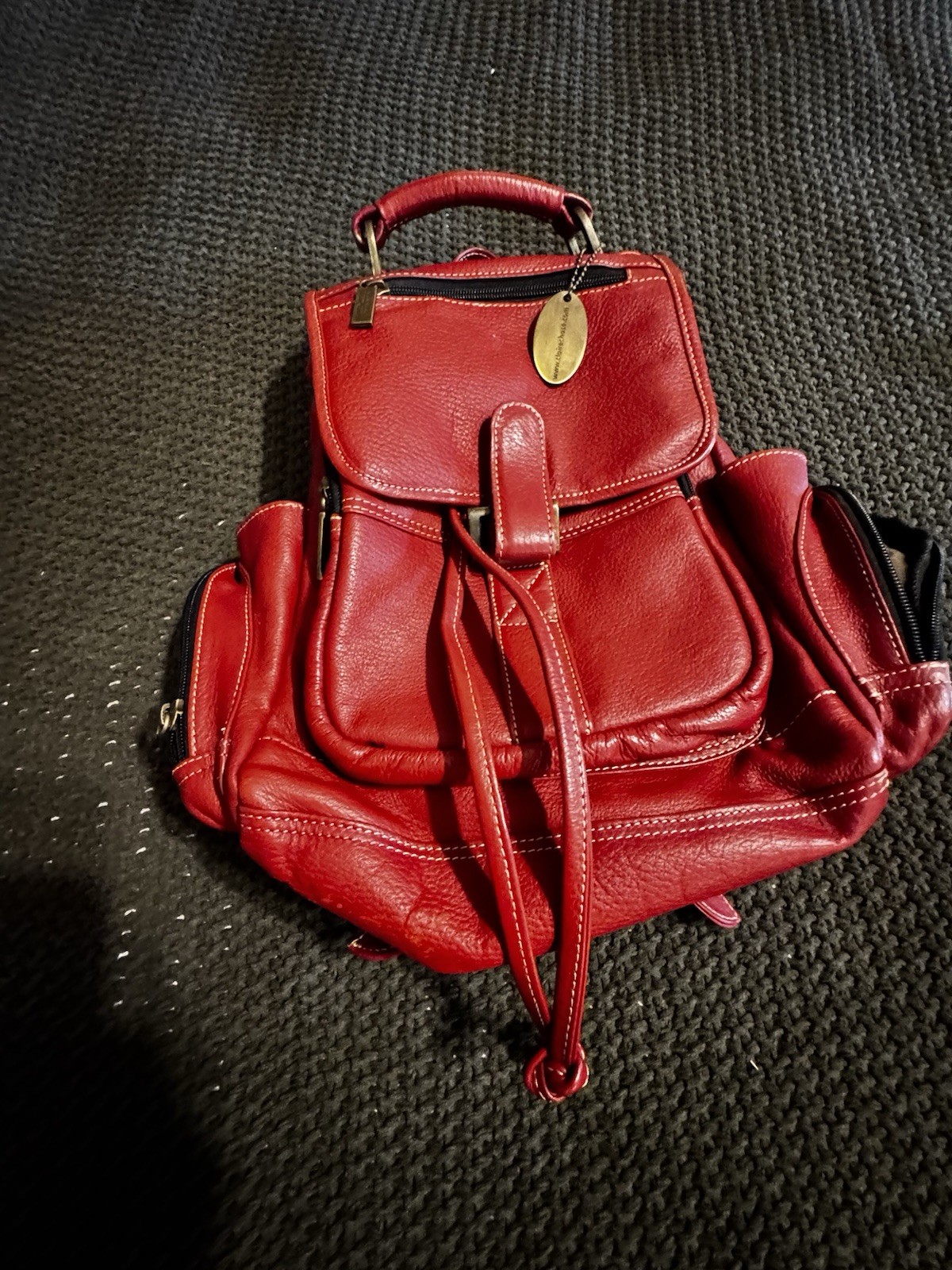 Claire Chase Red Pebbled Backpack Drawstring Flap Top Handle Detachable Strap