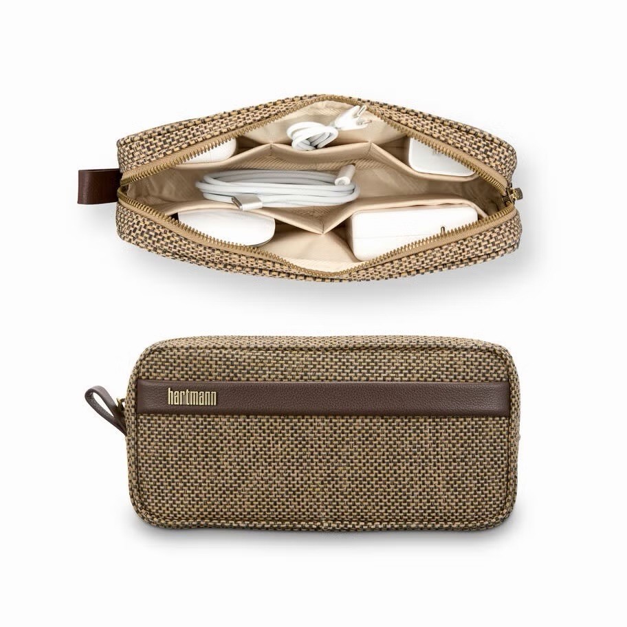 Hartmann Tweed Pattern Backpack Brown/Beige Zip Outer Pockets Leather Straps