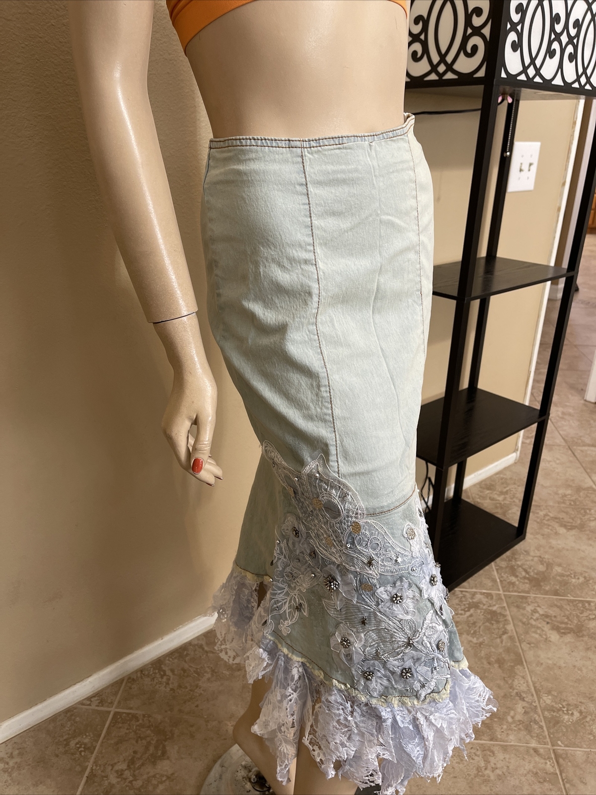 Women’s Light Blue Denim Cotton Casual Beaded Lace Size XL(10-12) Skirt SK 709