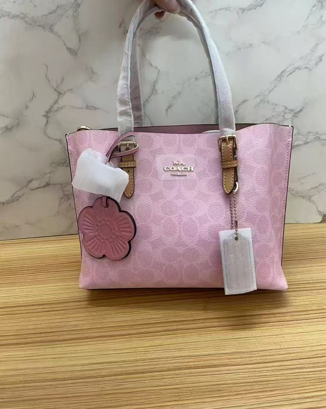 Coach Mollie Tote Bag 25 In Signature Canvas With Charms Gold/Powder Pink CER24!
