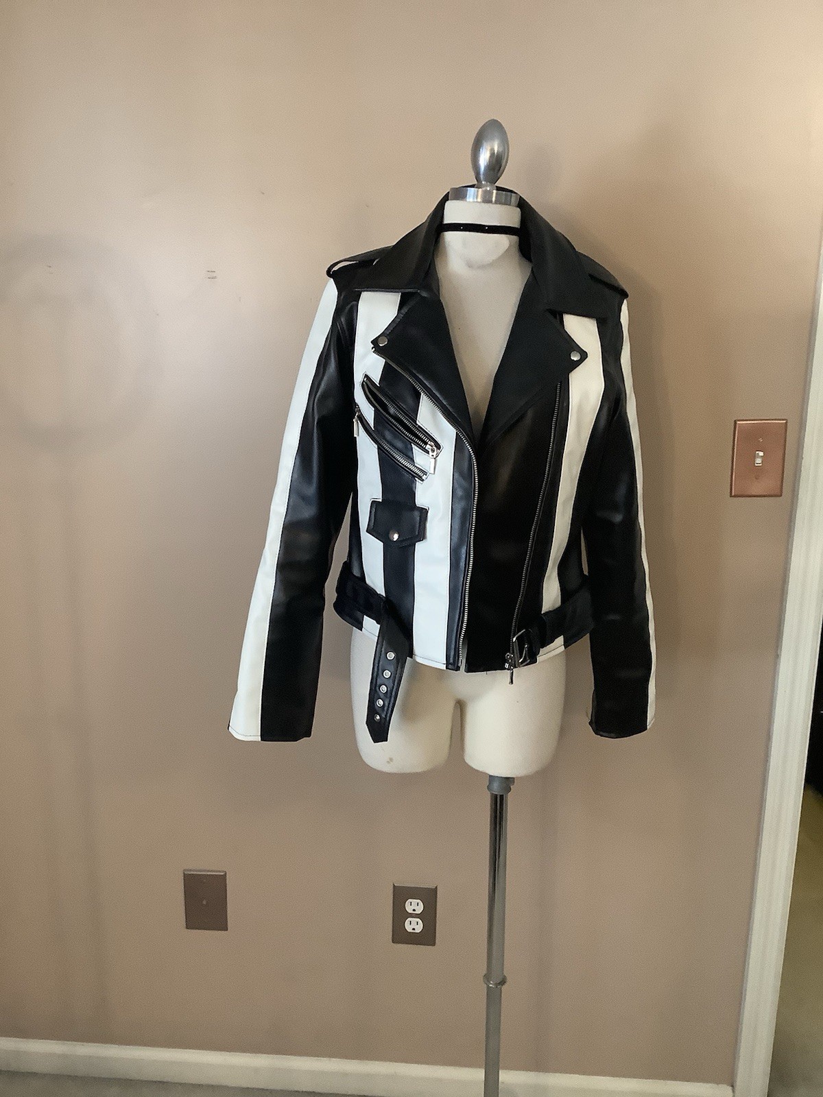 Killstar Beetlejuice Black White Striped 100% Vegan Leather Motorcycle Jacket LG
