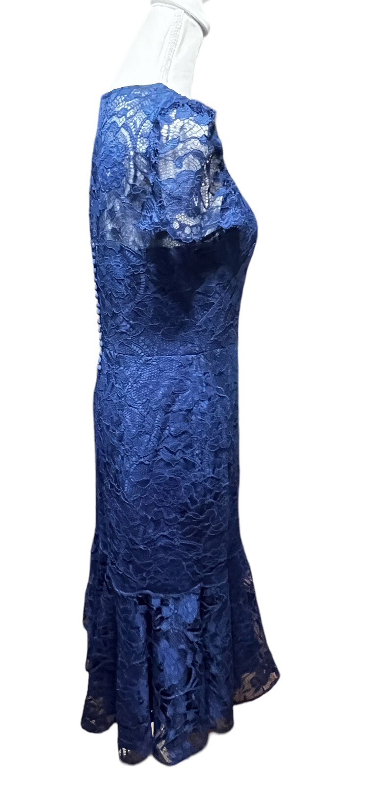 Gal Meets Glam Eve Illusion Lace Ruffle Hem Short Sleeve Midi Dress Navy Size 8