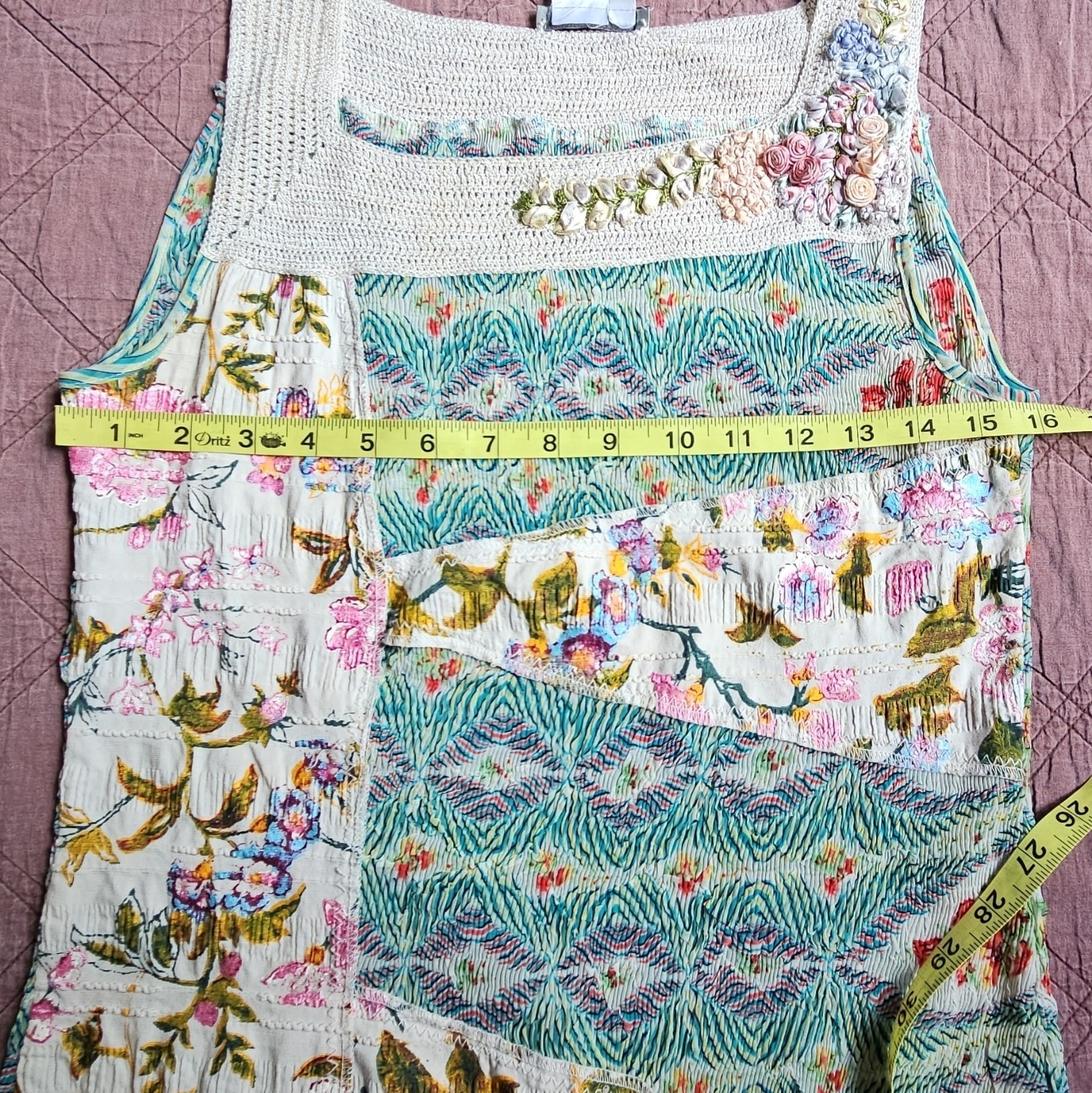 Alberto Makali SzM L Pleated Sleeveless Top Hand-painted Crochet Appliqués Artsy