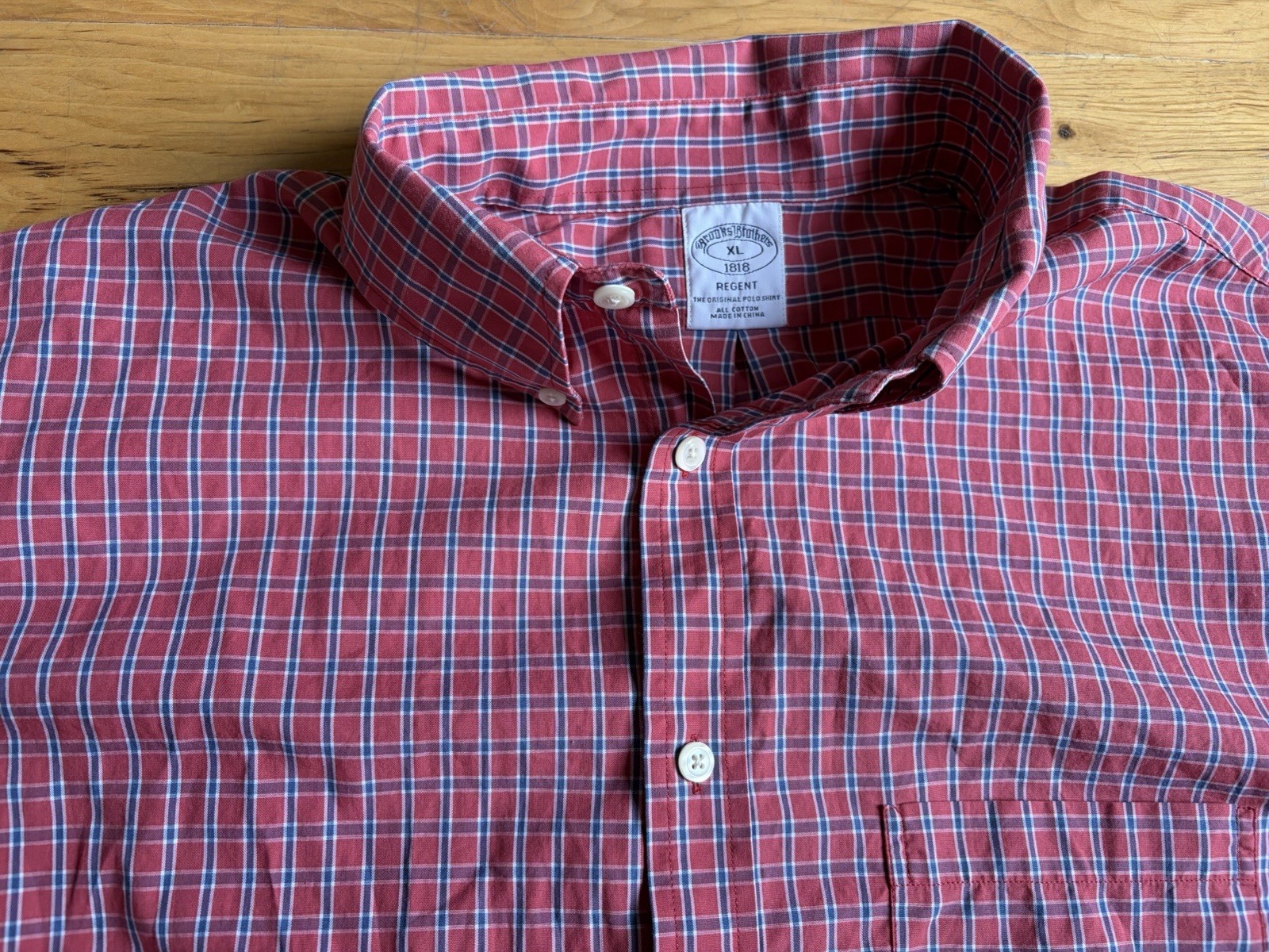 Brooks Brothers Shirt Mens XL Red Blue Gingham Regent Fit Non-Iron Stretch Logo