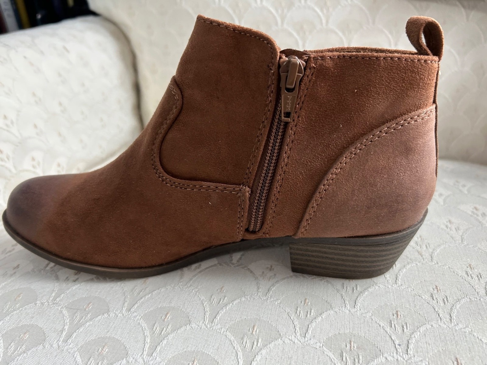 NIB Women’s Size 8.5M Faux Suede Cognac Ankle Boots Side Zipper SO Boots