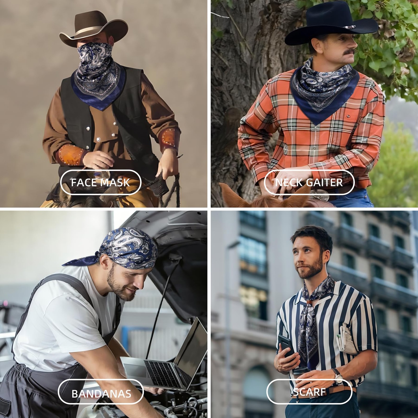 35 Inch Wild Rag Cowboy Bandana Scarves for Men, Large Neckerchief Silk Feel …