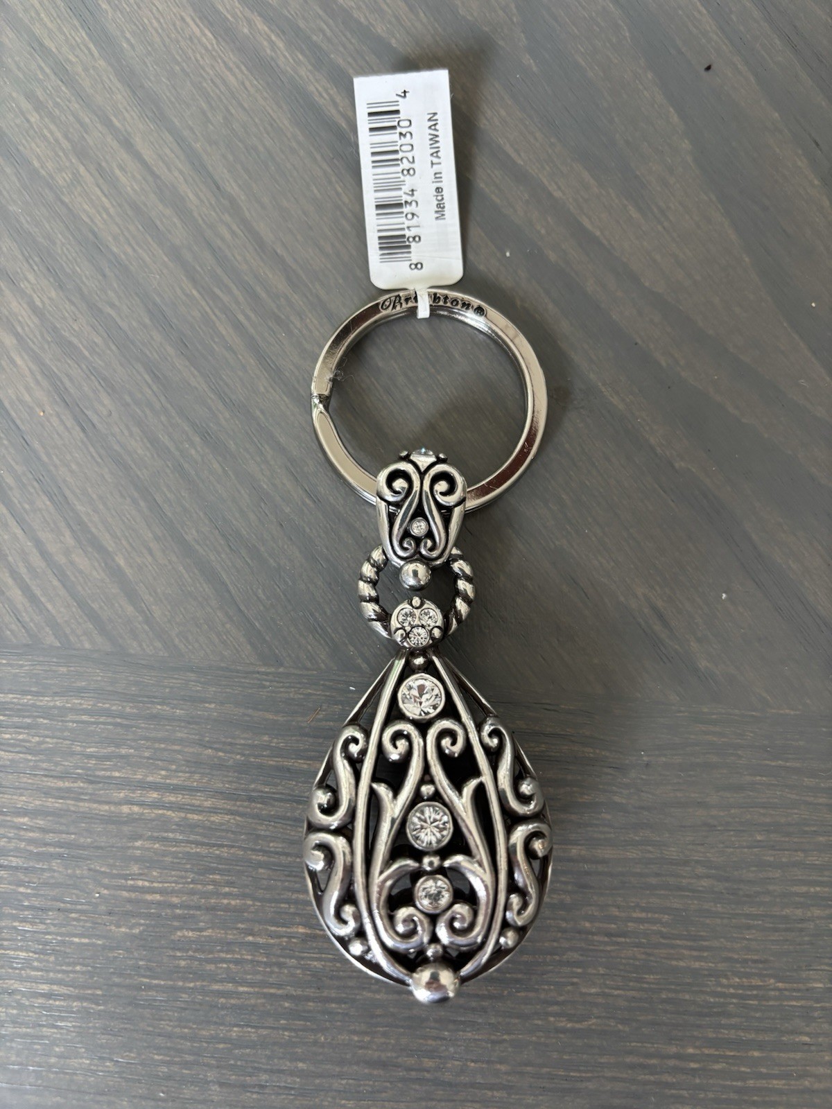 Brighton Silver Tone Metal Teardrop Scroll Key Chain w/ Rhinestone Accents