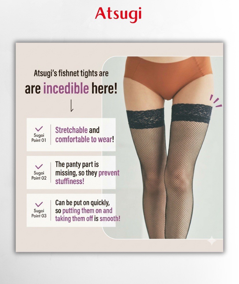 Atsugi Colors Fishnet Thigh High Stockings Lace Top Non Slip Black 3 Pairs OS