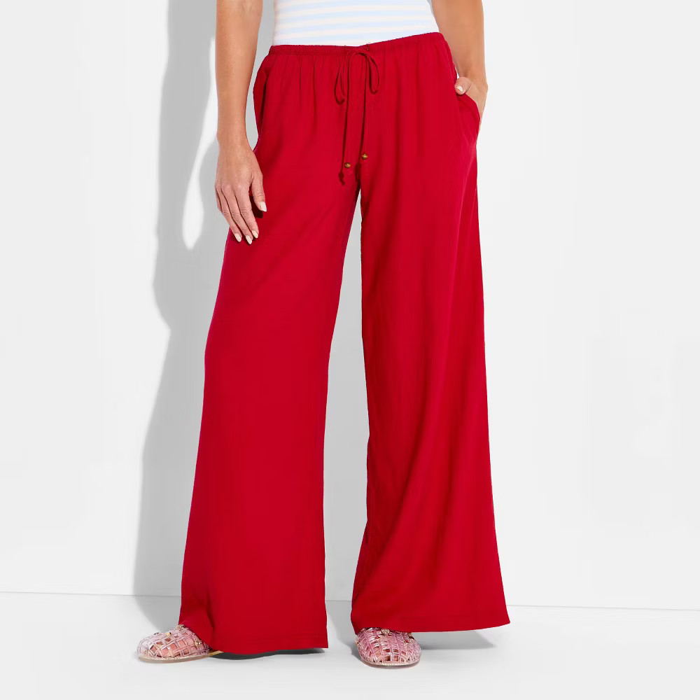 Women Low-Rise Baggy Leg Linen Pull-On Pants – Wild Fable Red XS