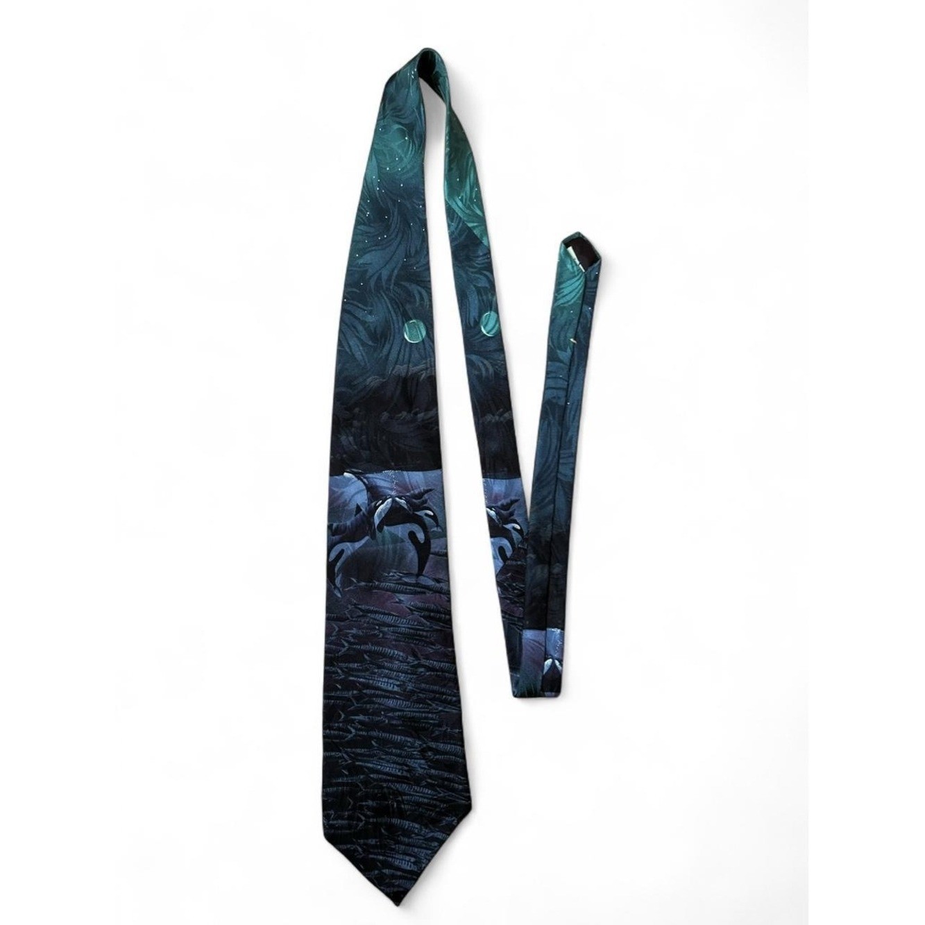 Orca Whale Tie Vintage Novelty Dark Teal Ocean Art Coastal Marine Biologist EUC