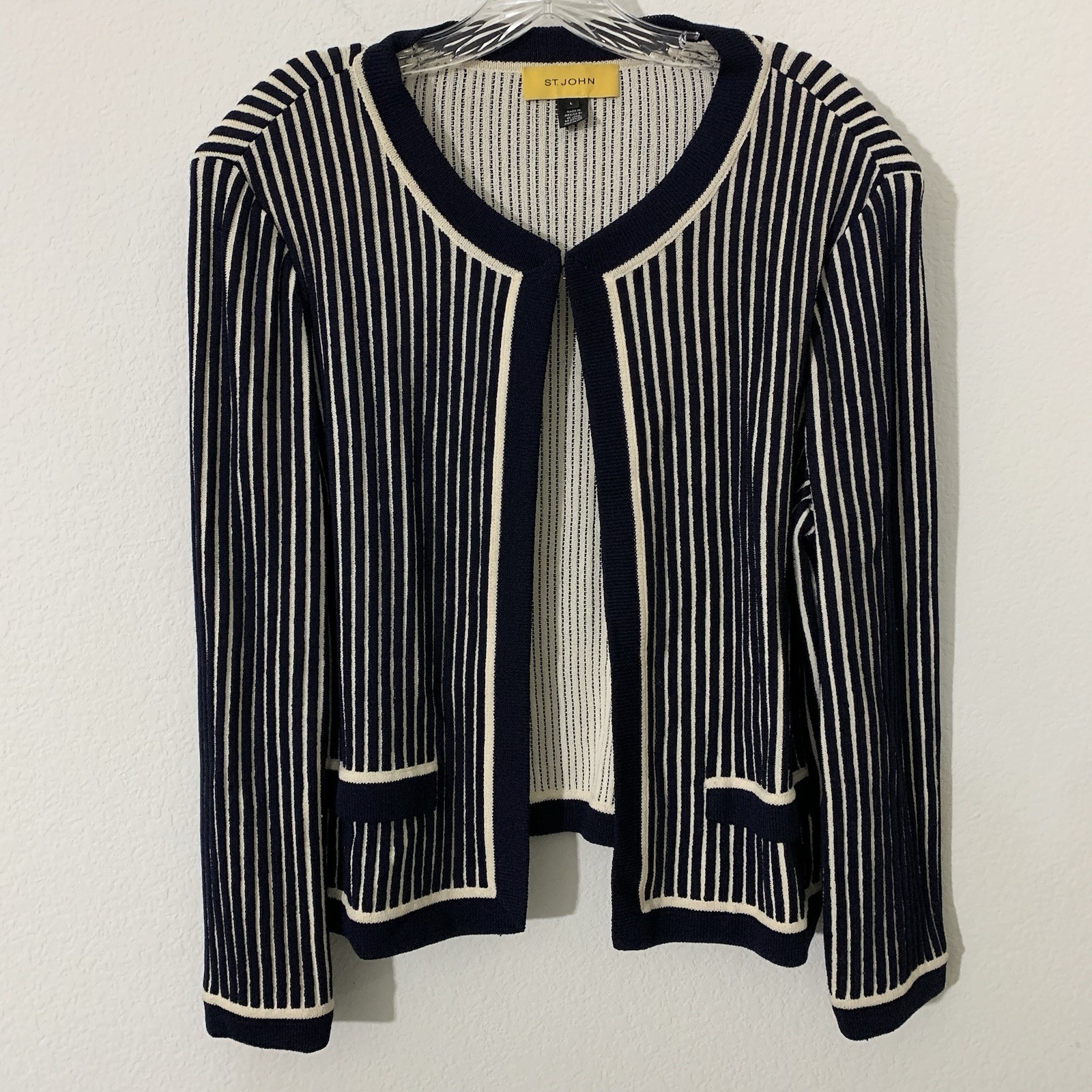 St. John Women’s Jacket Large Blue Beige Stripe Textures Hook Close Wool