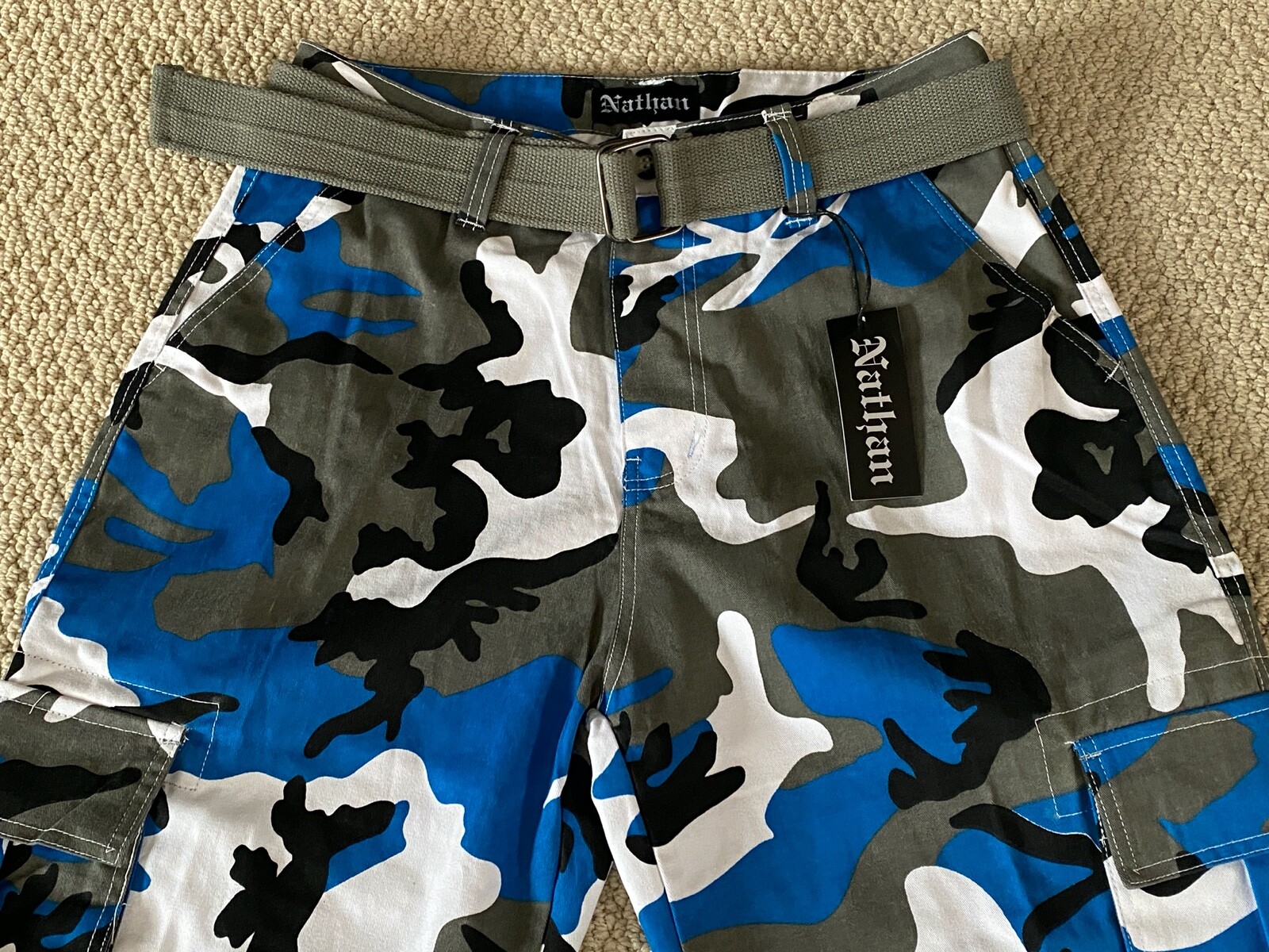 NWT Men’s Nathan Blue Gray Camouflage Camo Belted Cargo Pocket Shorts ALL SIZES