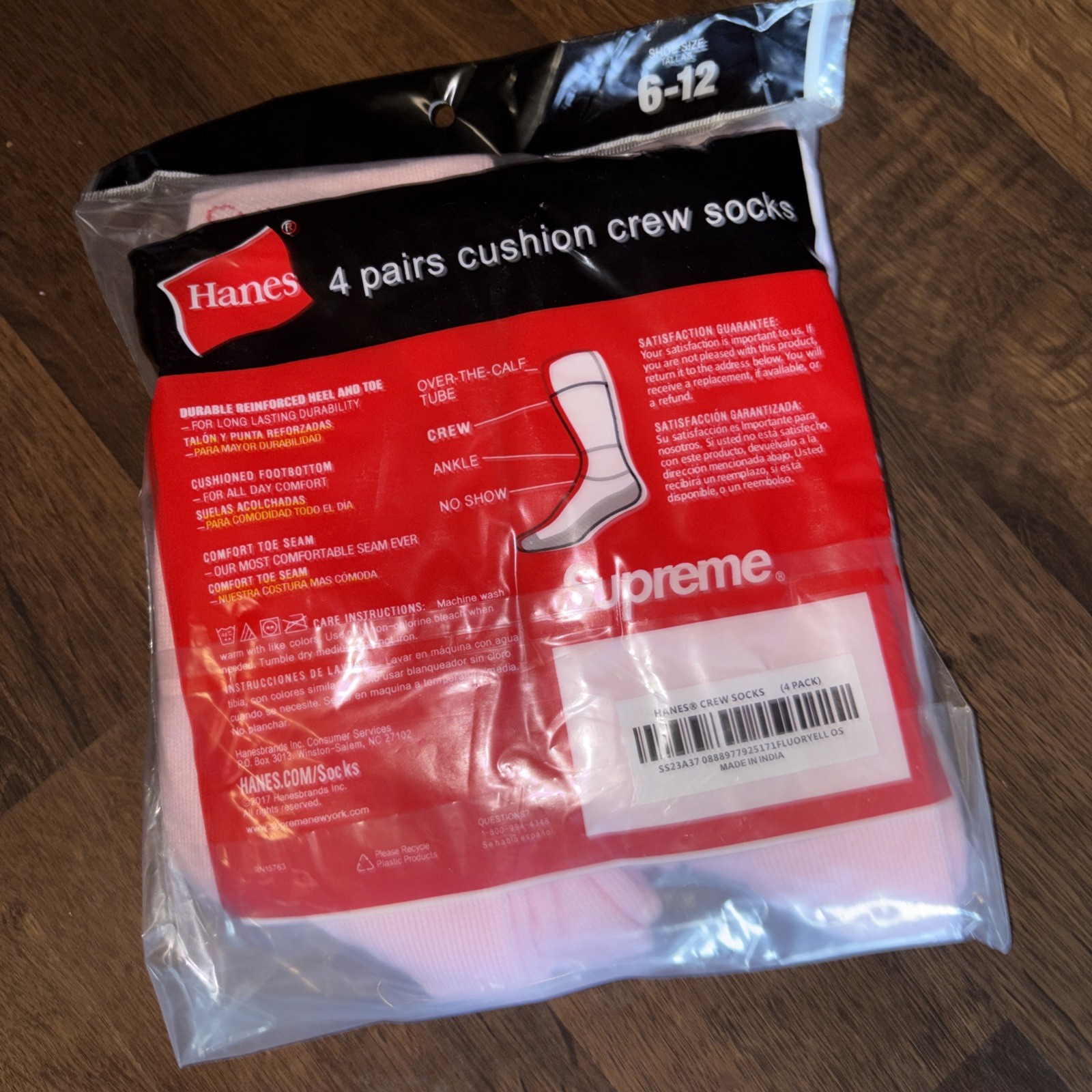 Supreme x Hanes Pink Crew Socks 4-Pack Size 6-12 Hypebeast Authentic Fast Ship