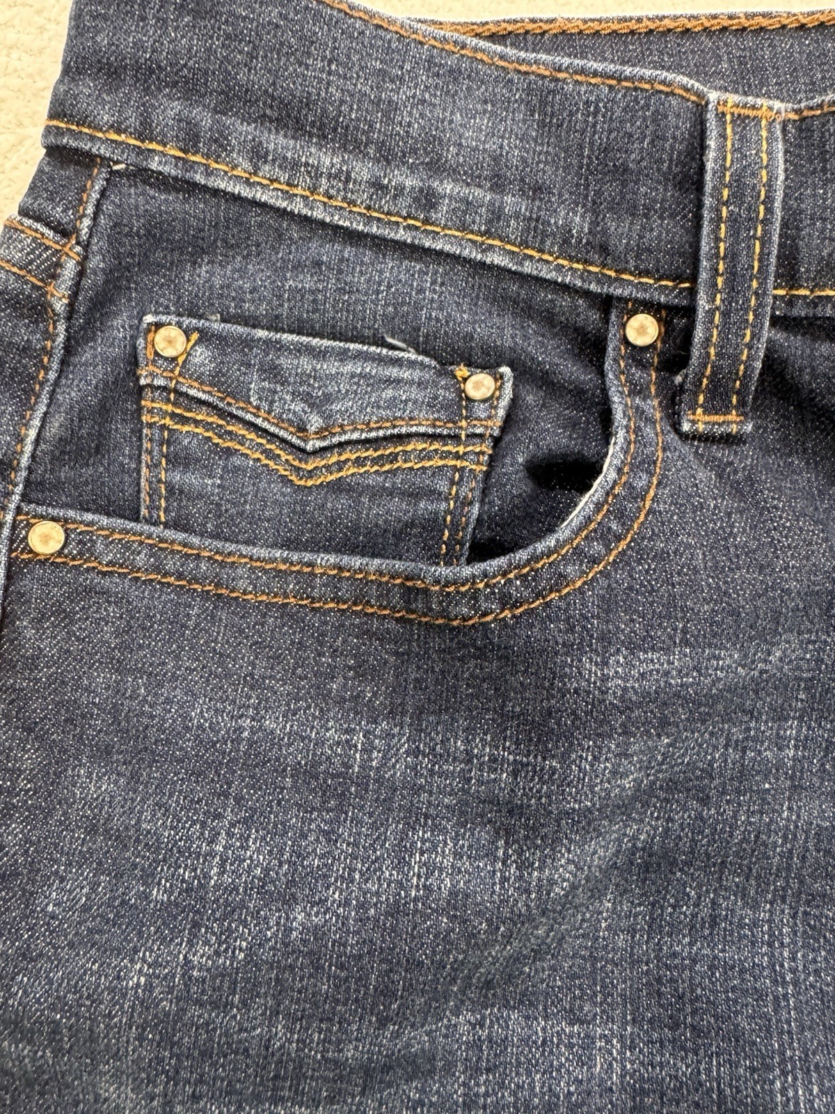 Levis 505 Flap Pocket Jeans Women 14 32×32 Blue Straight Whisker Distress DenIm