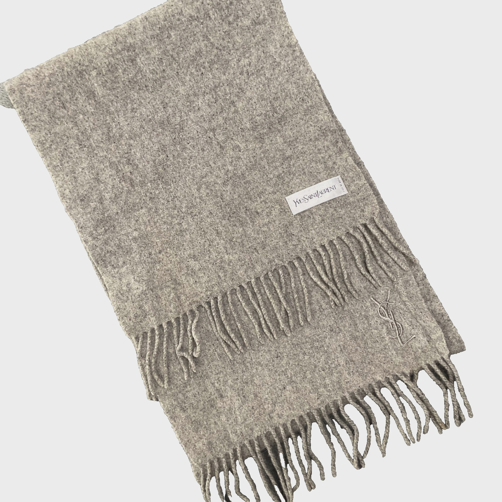 Yves Saint Laurent Scarf Gray Grey 90% Wool 10% Cashmere YSL Logo Rectangle