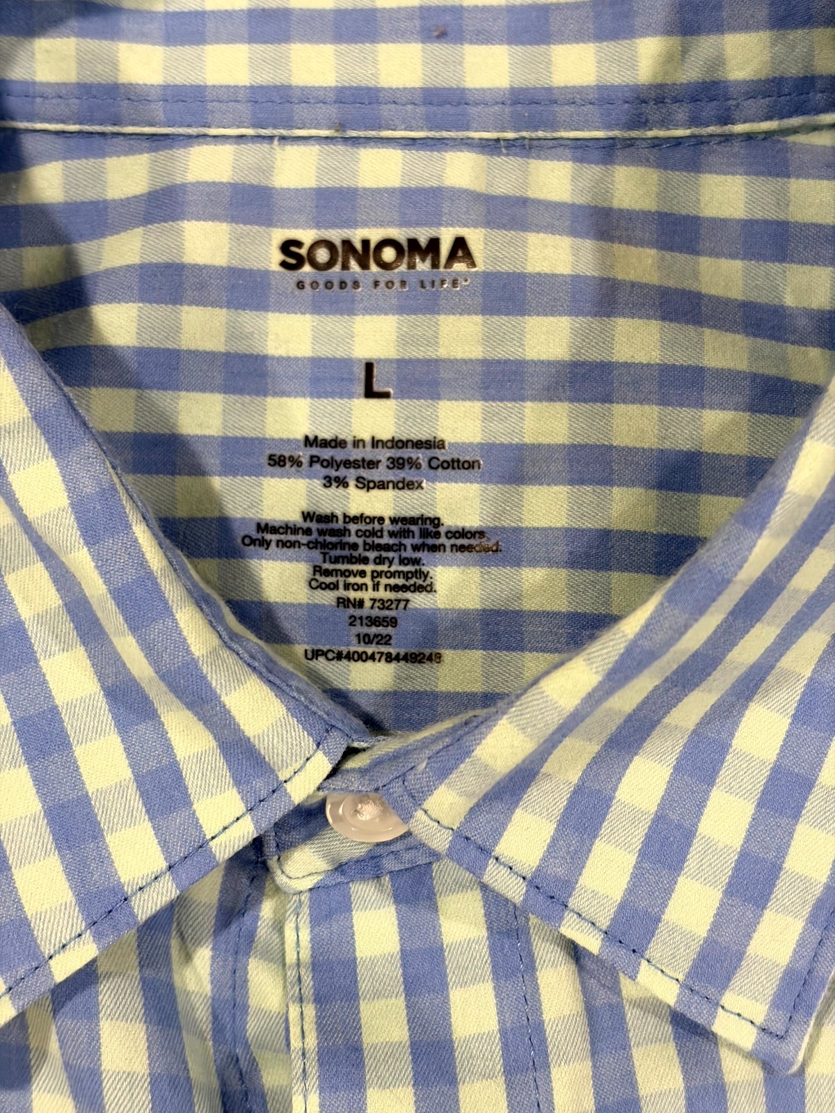 Sonoma Shirt Mens Large Gray Gingham Check Performance Stretch Pleated Button Up