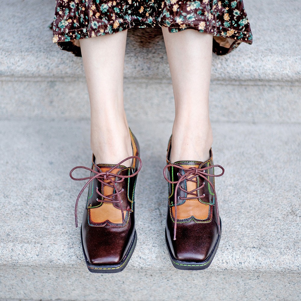 Vintage Spring Summer Ethnic Block Heels Women’s Real Leather Splicing Shoes