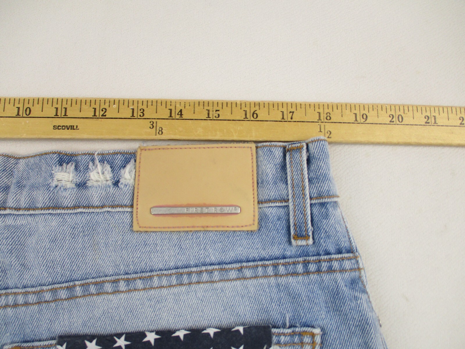 First Row Men’s Jeans 38 Blue Denim Distressed Designer Hankie Pocket Patches