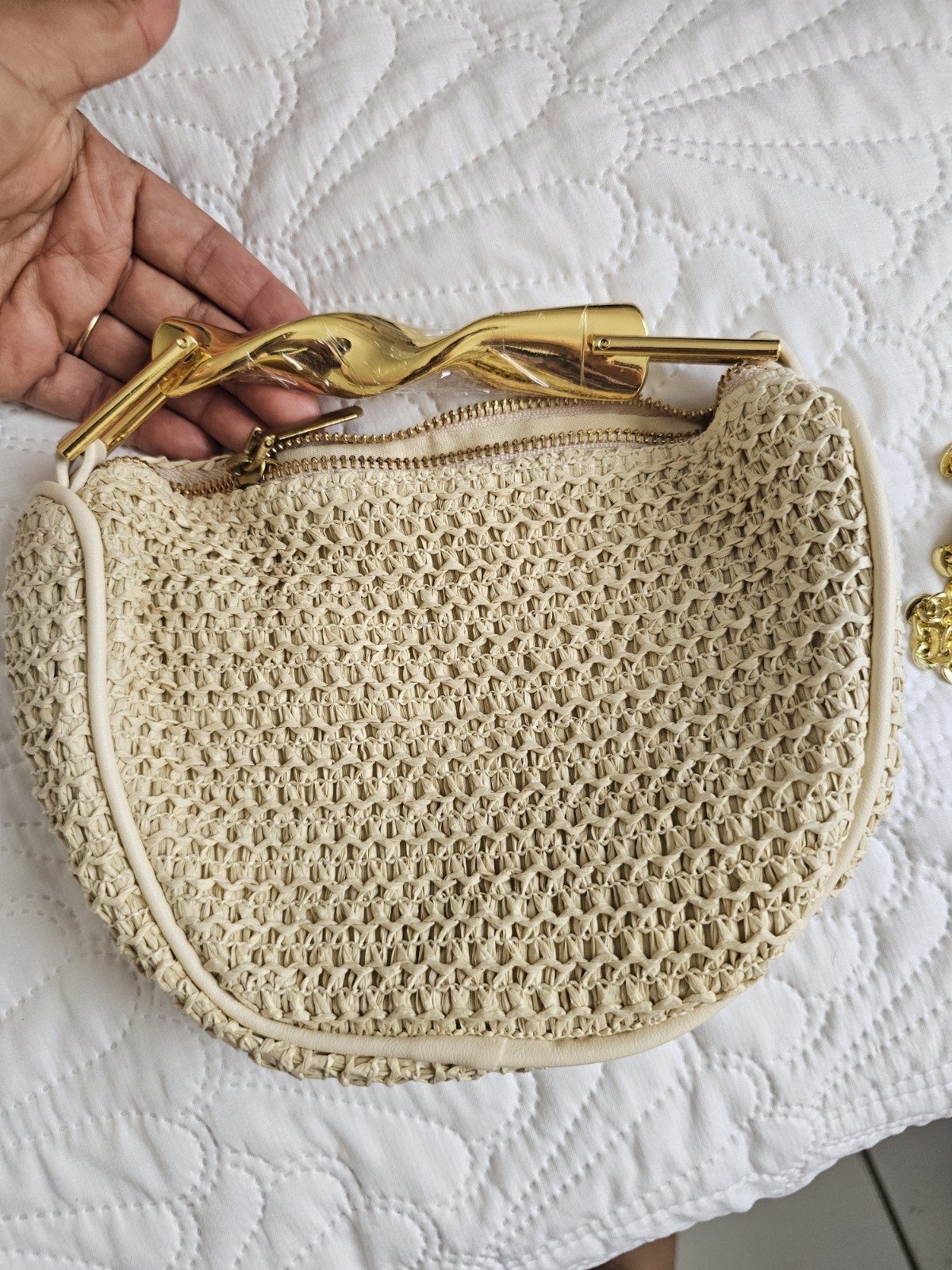 Women’s Beige Small Woven Top Handle Bag Zip Closure Gold Hardware Chain Strap