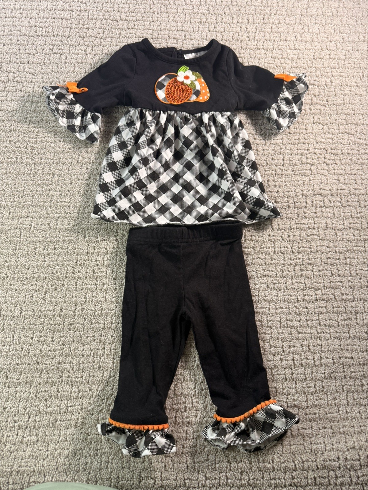 Rare Editions Outfit Girls 6-9M Pumpkin Black White Check Thanksgiving Top Pants