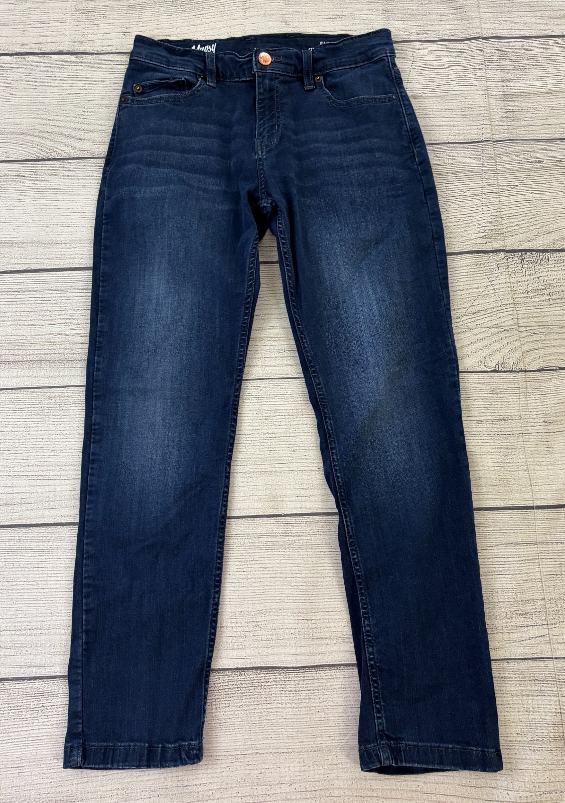 MUGSY JEANS FULTONS Mens Sz 31×30 Dark Denim Slim Straight Stretch Jeans EXC