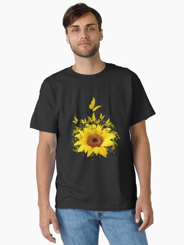 Butterfly Sunflower Flowers Nature Graphic Lover Flower Unisex Black T-shirt