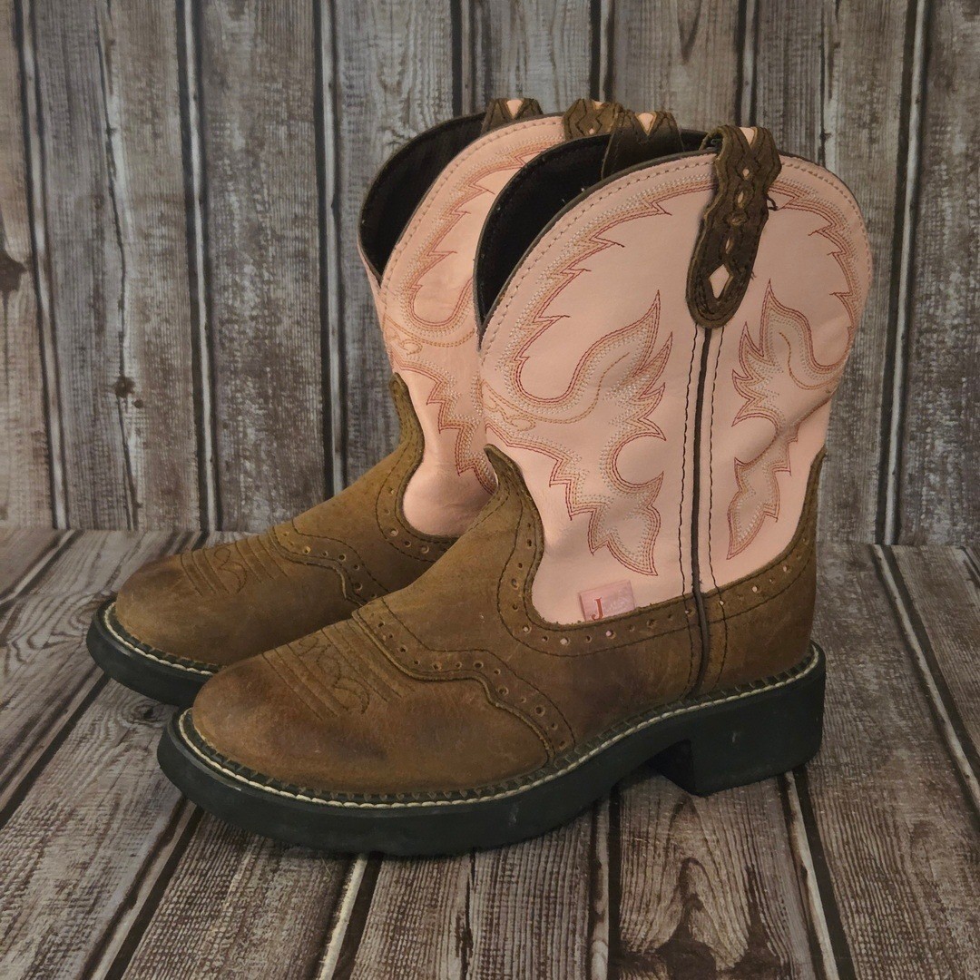 Sz 6 B Womens Justin Gypsy L9901 Brown Pink Leather Western Cowgirl Boots VGUC