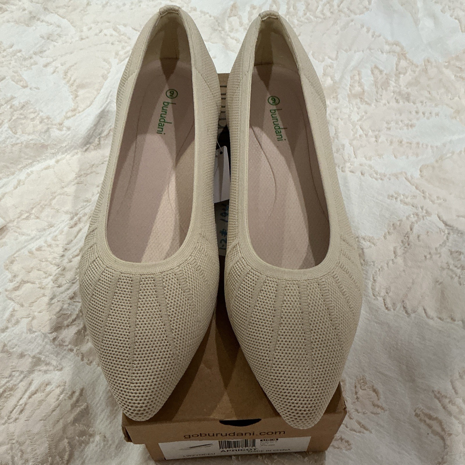 BuruDani Women’s Apricot Knit Synthetic Ballet Flats US 9 Pointed Toe Slip On