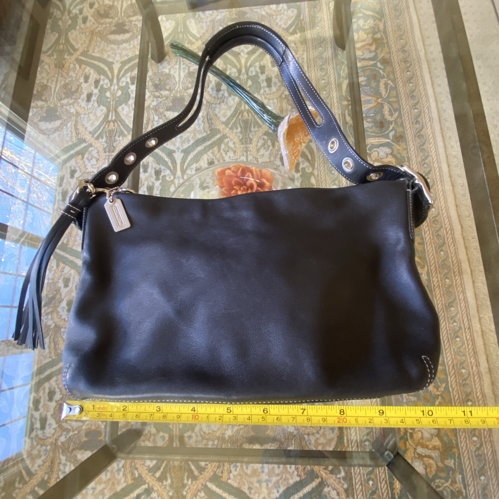 Coach Bag Hobo Black Leather Tassel Charm Vintage Pre-Owned Rectangle 10x7x3″