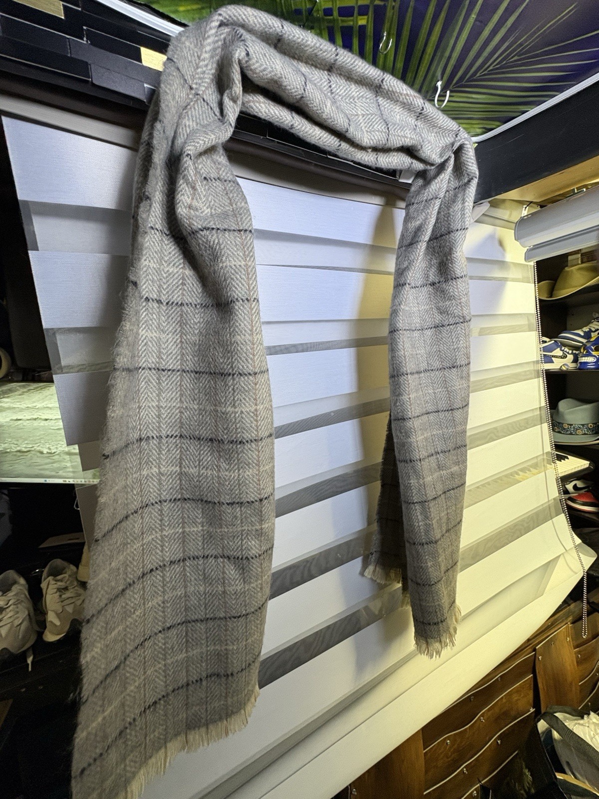 Gray Plaid Wool Woven Rectangle Scarf with Fringe, Women’s 38×21 in