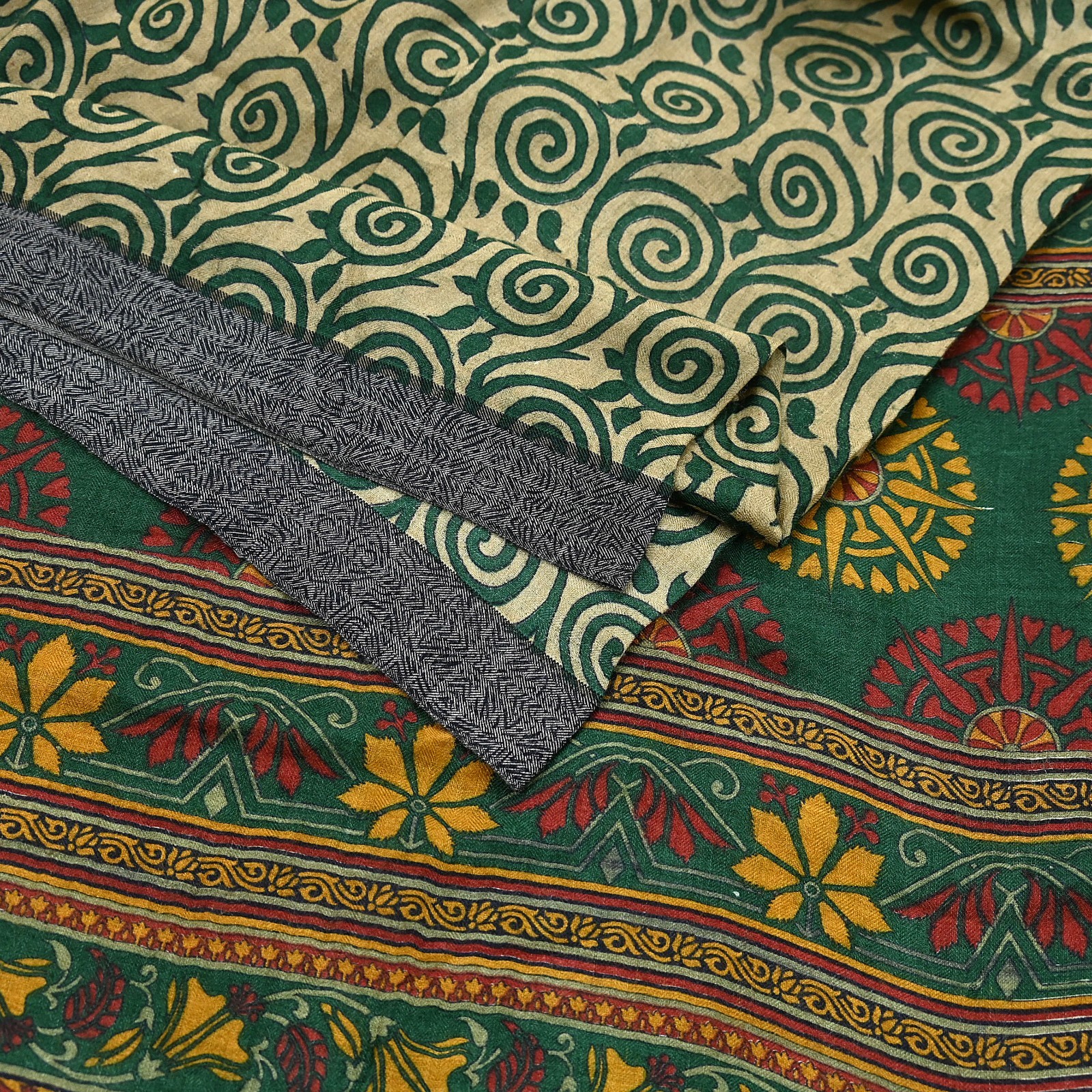 Vintage Beige Green Wool Saree Indian Pure Wool Floral Woven Fabric 6 Yard Soft