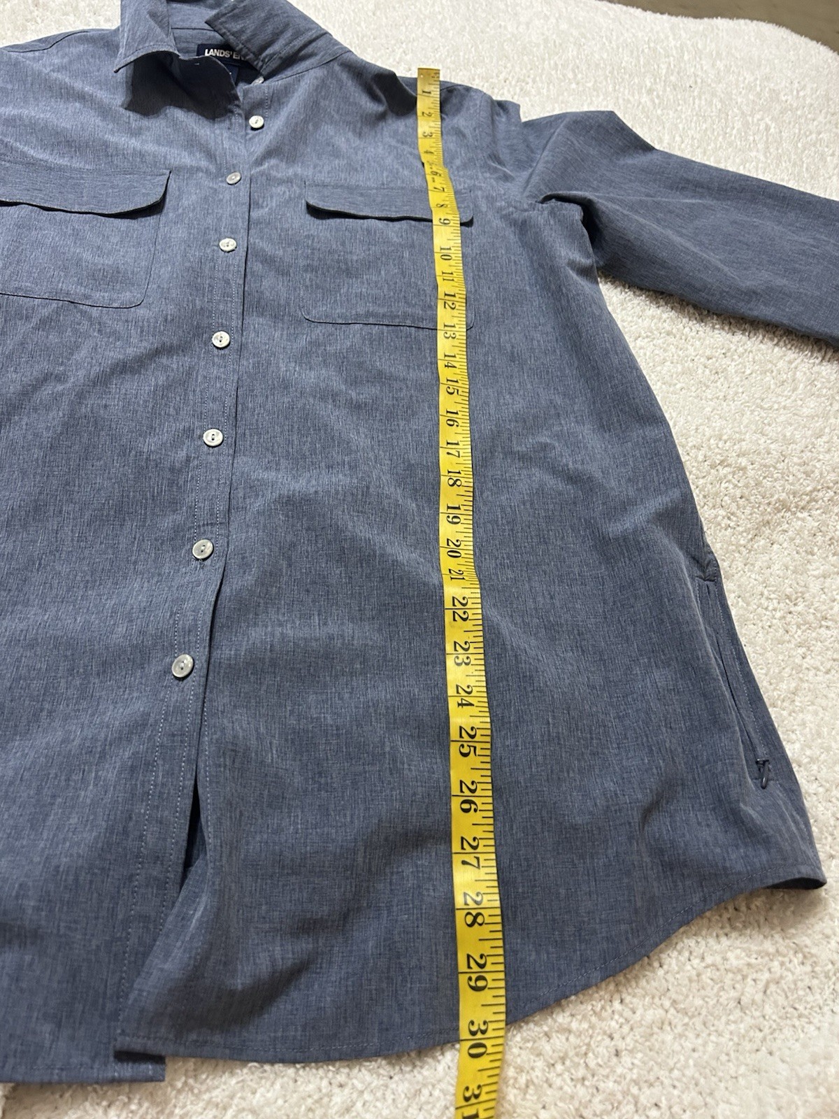 Lands End Button Up Shirt Large TALL Blue Performance Material Beach Outdoor