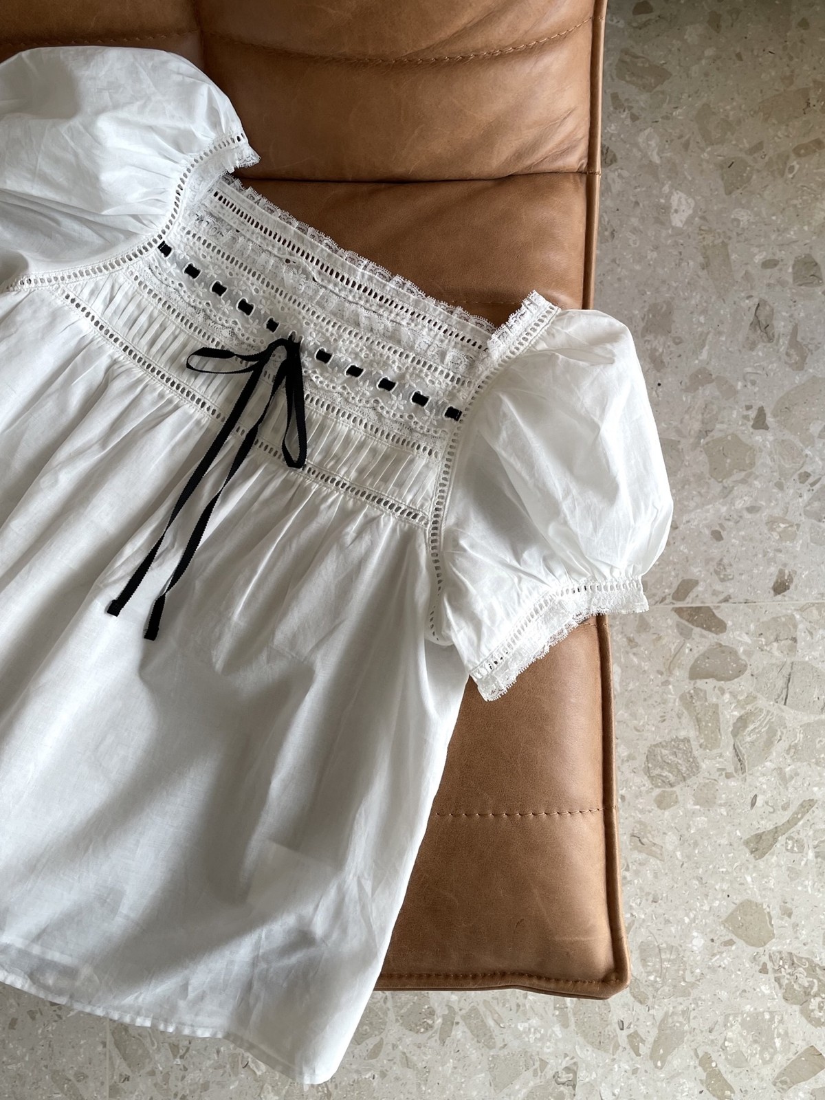 Women Doen Square Neck Lace Short Sleeve Loose Blouse Top