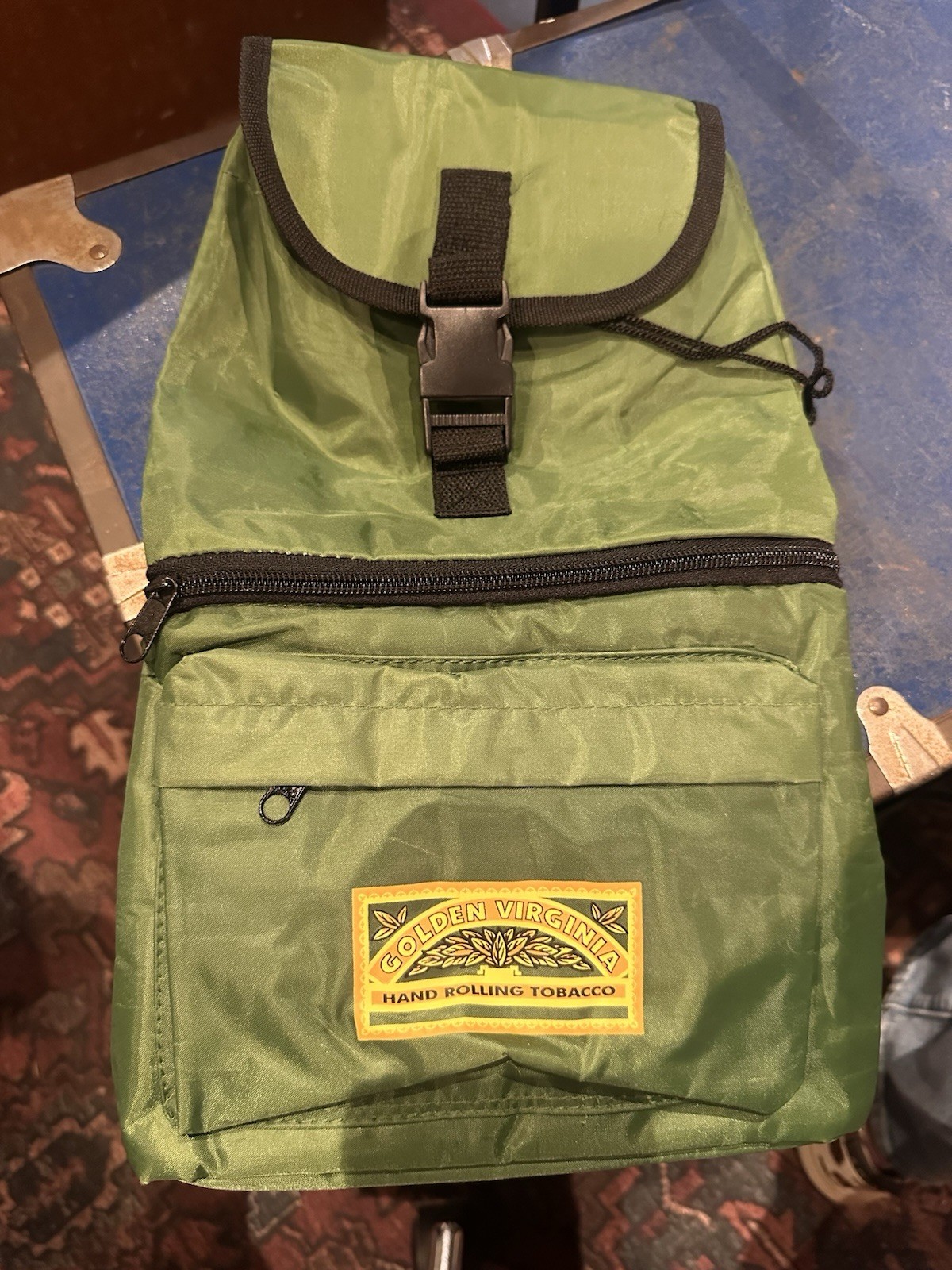 VTG Golden Virginia Green & Black Backpack Buckle Flap, Zipper Pockets Travel