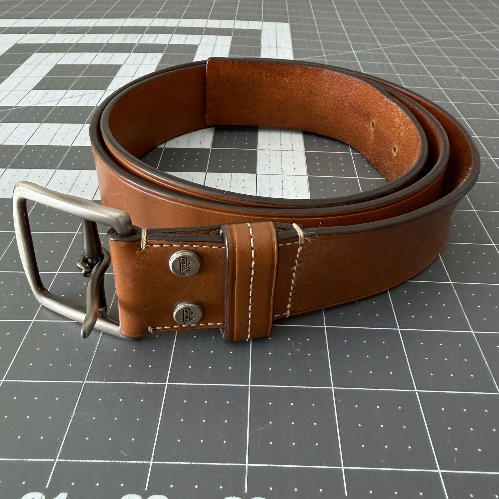 Coach Mens 42 105cm Saddle Tan Calfskin Leather Belt Solid Brass Buckle Preppy