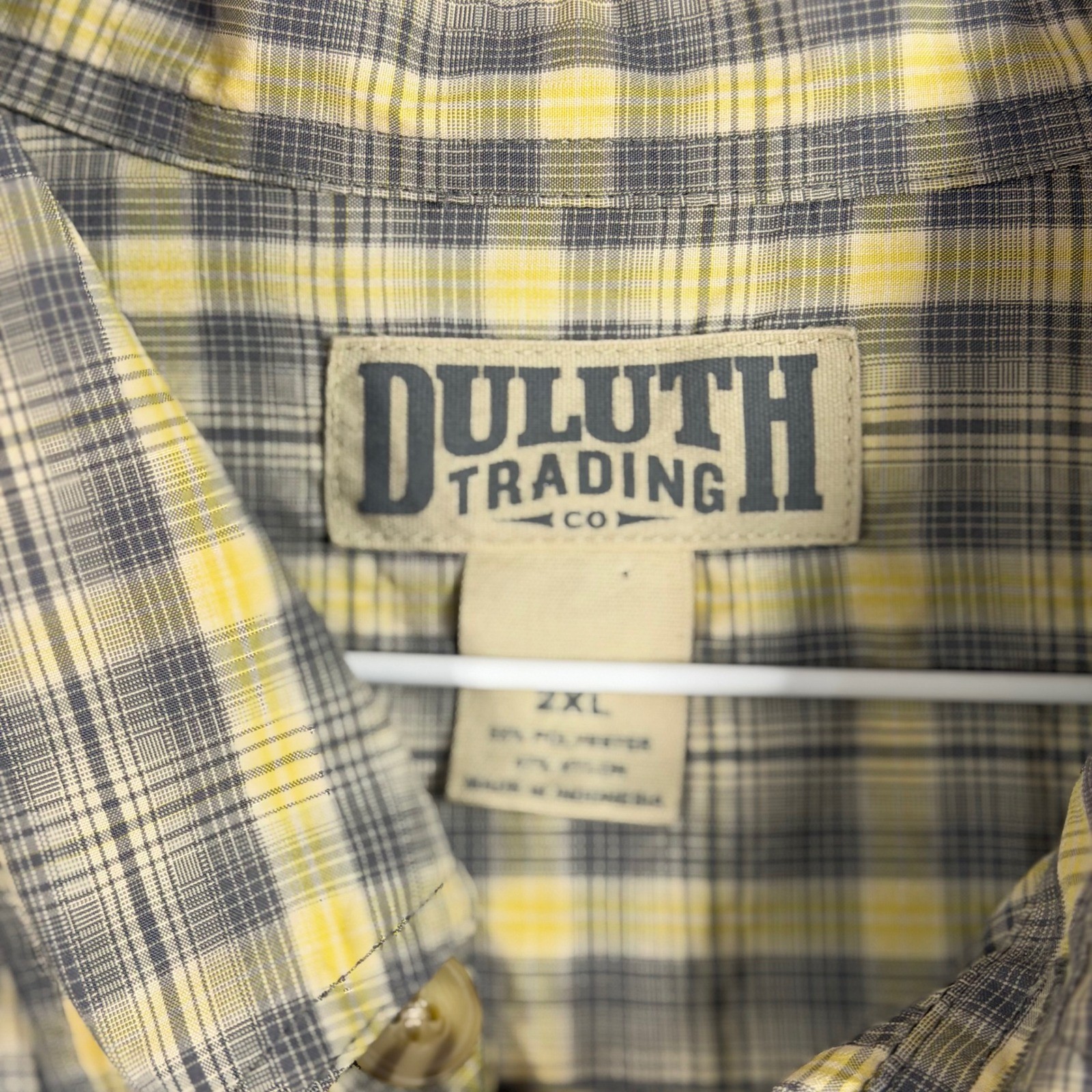 Duluth Trading Co Mens 2XL Plaid Short Sleeve Button Down Shirt Yellow Grey